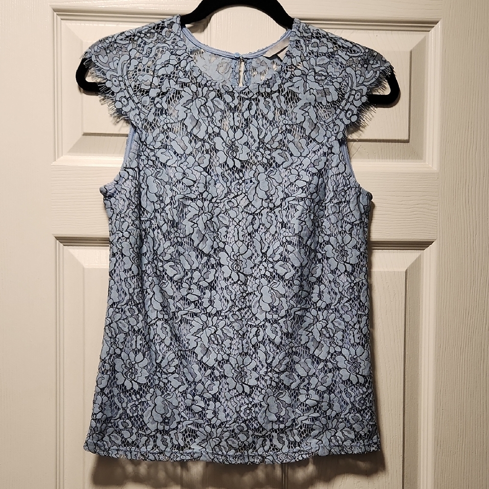 H&M Blue and Black Floral Lace Cap Sleeve Blouse